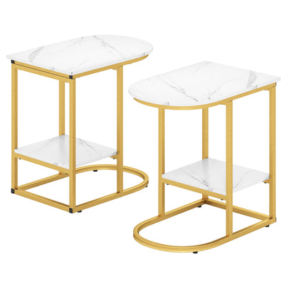 C-Shaped Sofa Side Table with Storage Shelf, White
