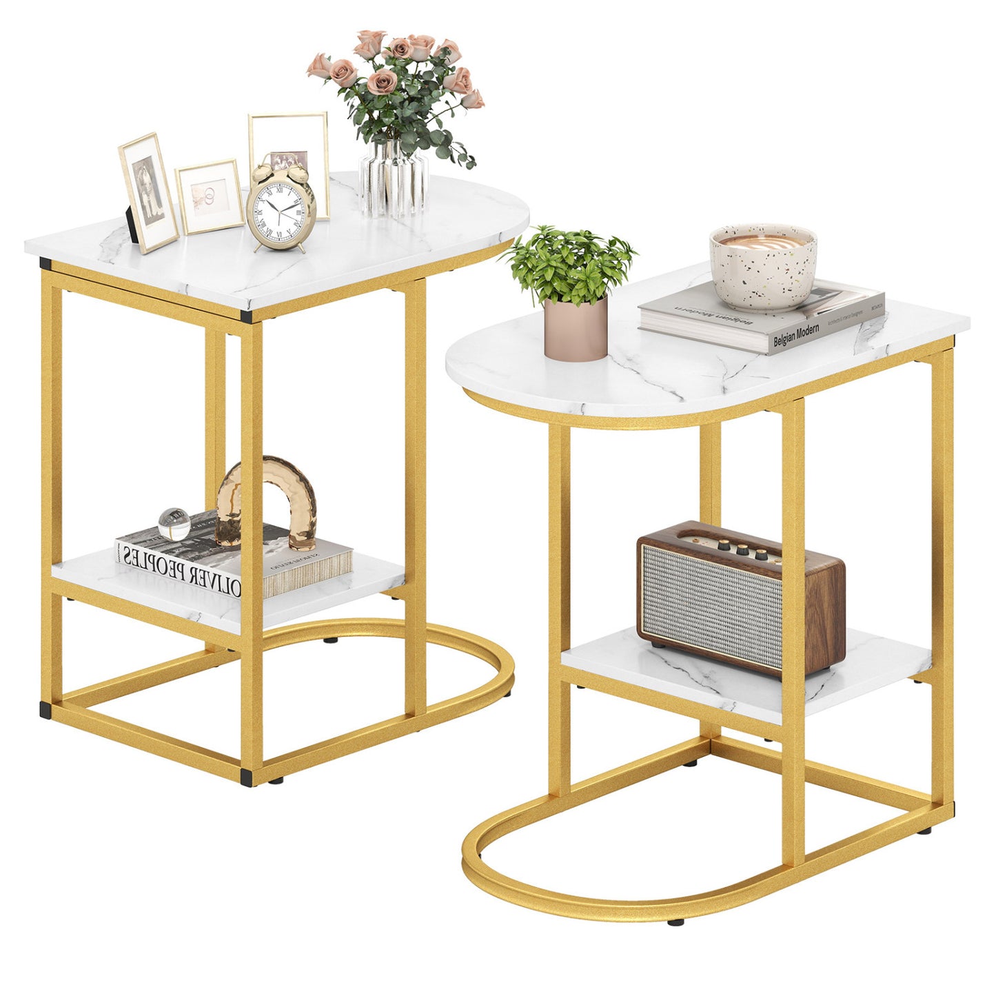 C-Shaped Sofa Side Table with Storage Shelf, White