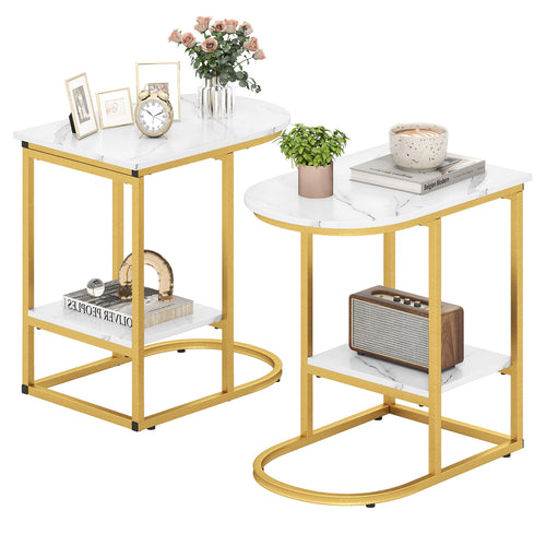 C-Shaped Sofa Side Table with Storage Shelf, White