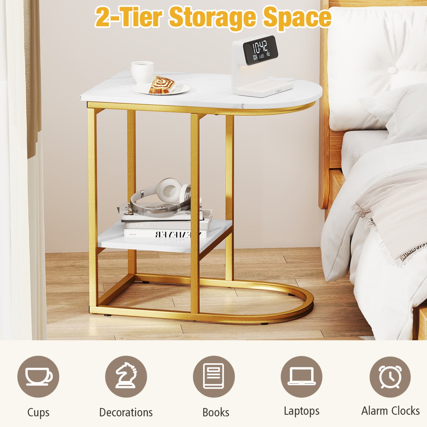 C-Shaped Sofa Side Table with Storage Shelf, White