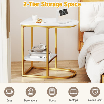 C-Shaped Sofa Side Table with Storage Shelf, White