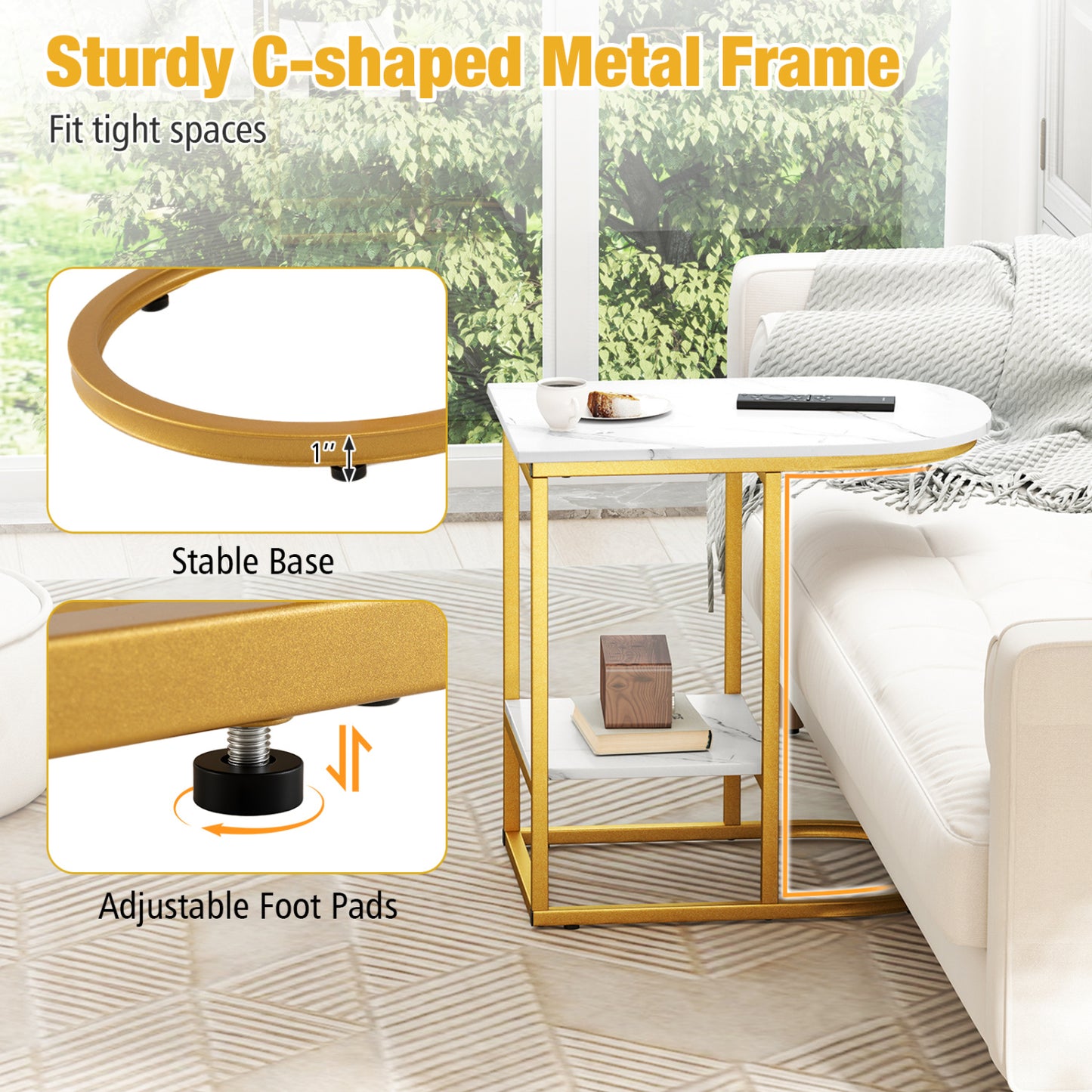 C-Shaped Sofa Side Table with Storage Shelf, White