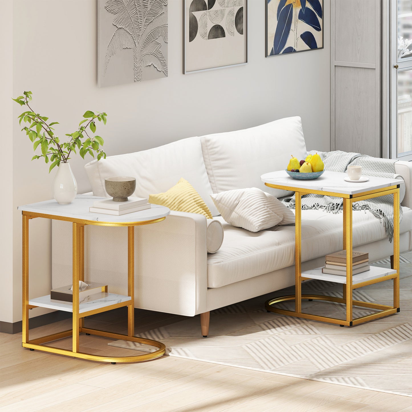 C-Shaped Sofa Side Table with Storage Shelf, White