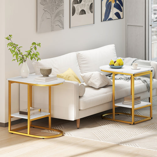 C-Shaped Sofa Side Table with Storage Shelf, White