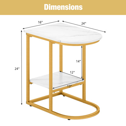 C-Shaped Sofa Side Table with Storage Shelf, White
