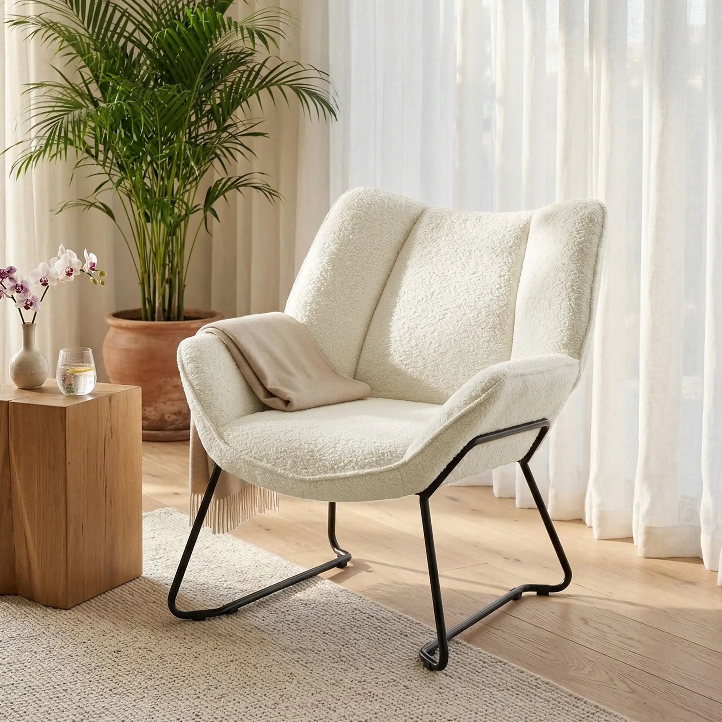 Accent Chair, Sherpa Fleece Armchair with Wide Backrest and Metal Legs, White Accent Chairs at Gallery Canada