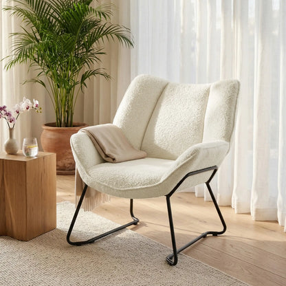 Accent Chair, Sherpa Fleece Armchair with Wide Backrest and Metal Legs, White Accent Chairs at Gallery Canada