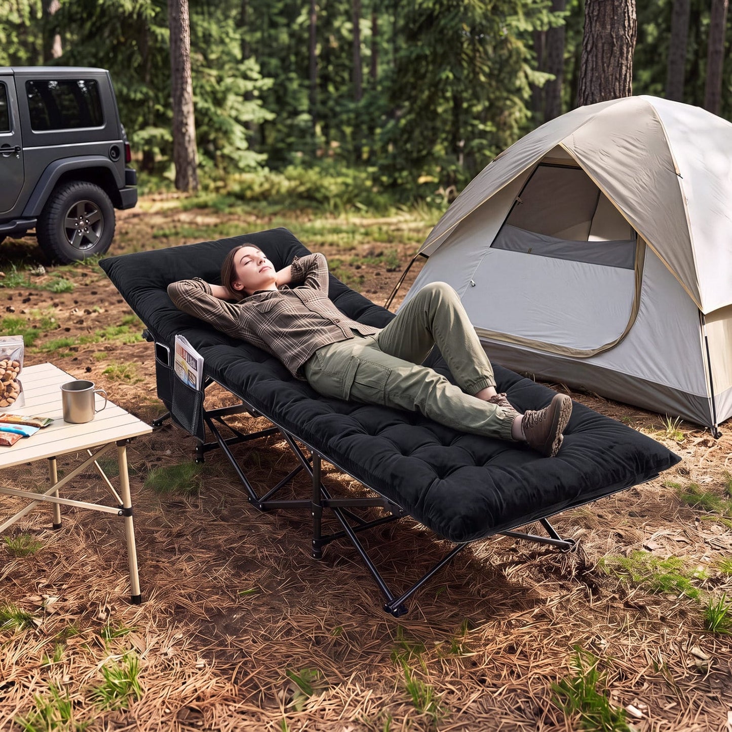 Camping Cot For Adults With Padded Mat, Black