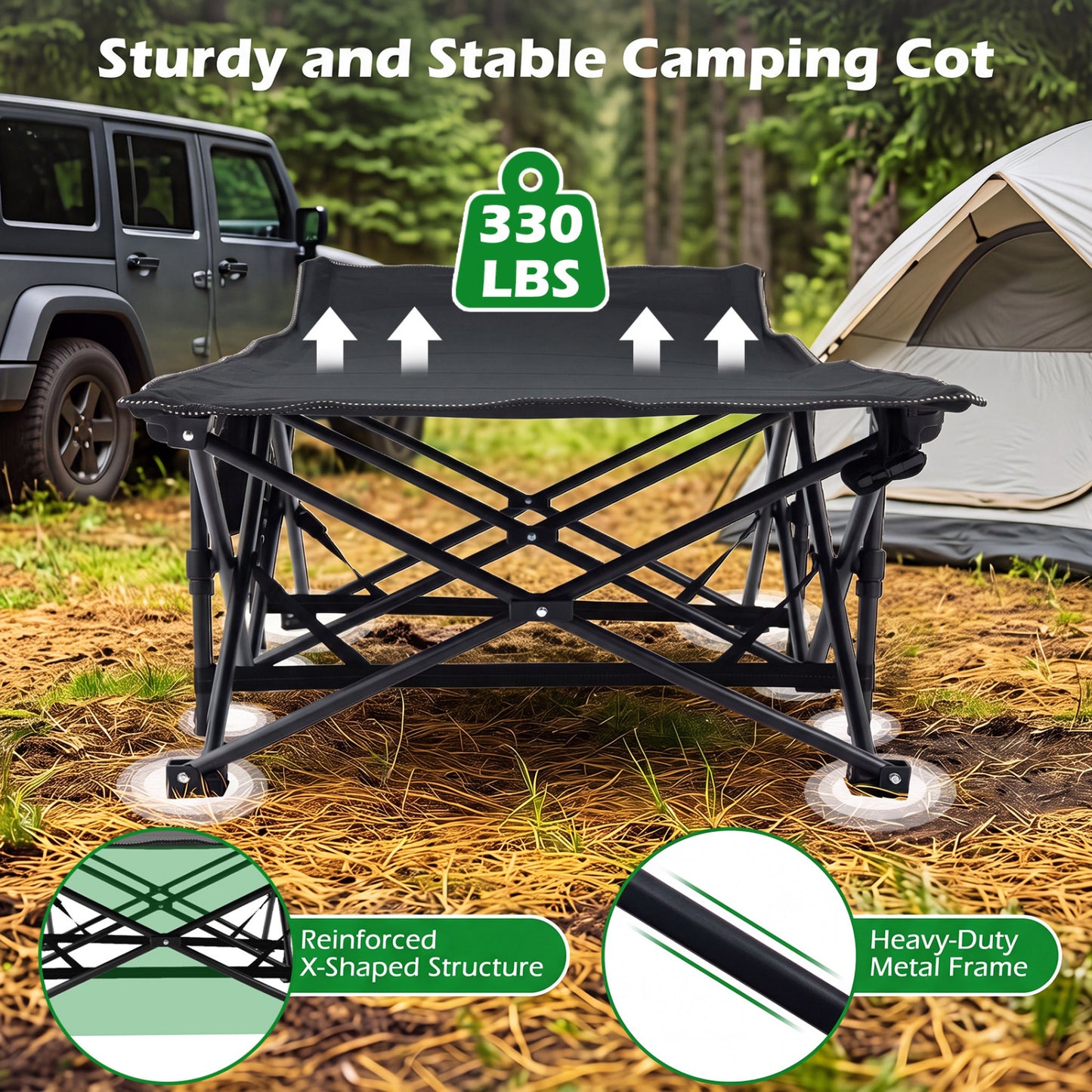 Camping Cot For Adults With Padded Mat, Black
