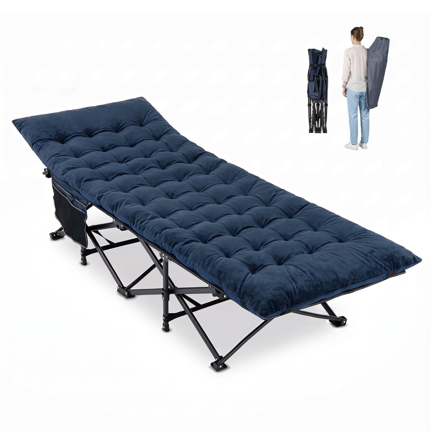 Camping Cot With Padded Mat And Bag, Navy