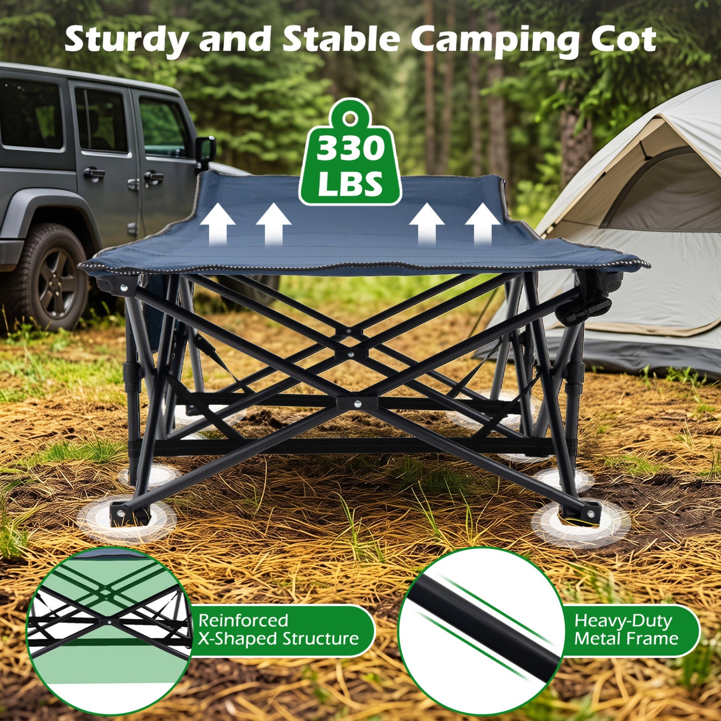 Camping Cot With Padded Mat And Bag, Navy