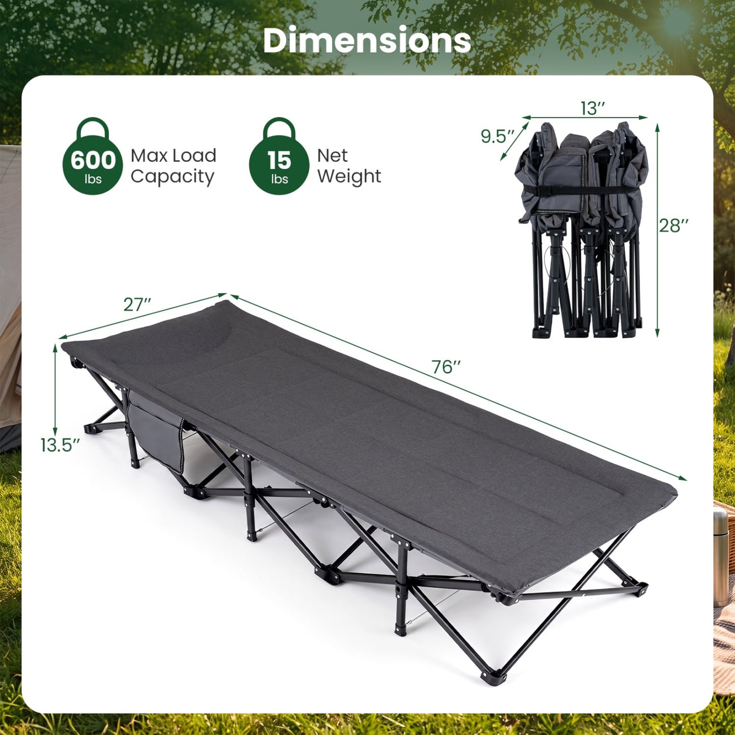 Camping Cot With Padded Pillow, Storage Pouch, Gray