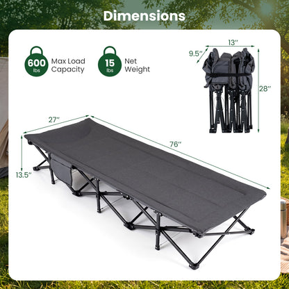 Camping Cot With Padded Pillow, Storage Pouch, Gray