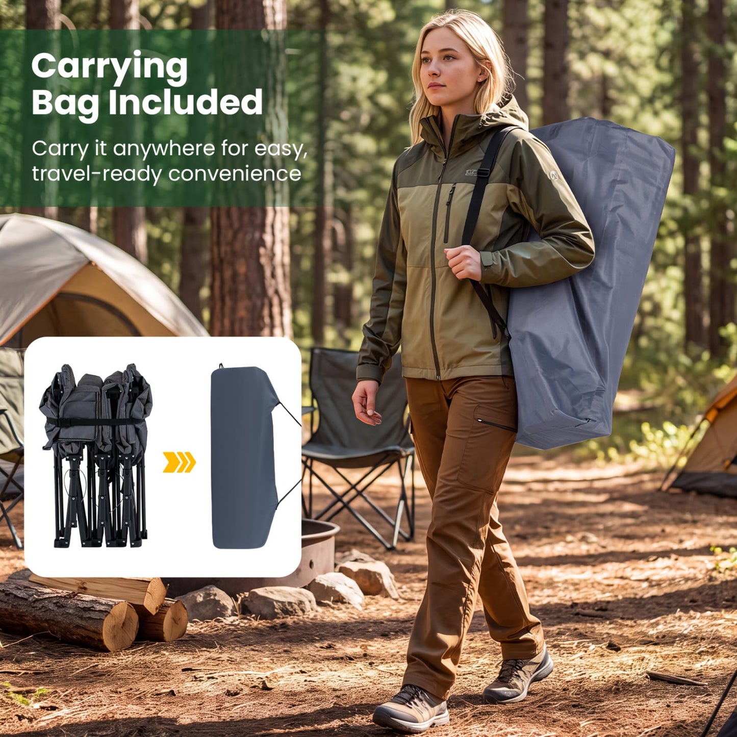 Camping Cot With Padded Pillow, Storage Pouch, Gray