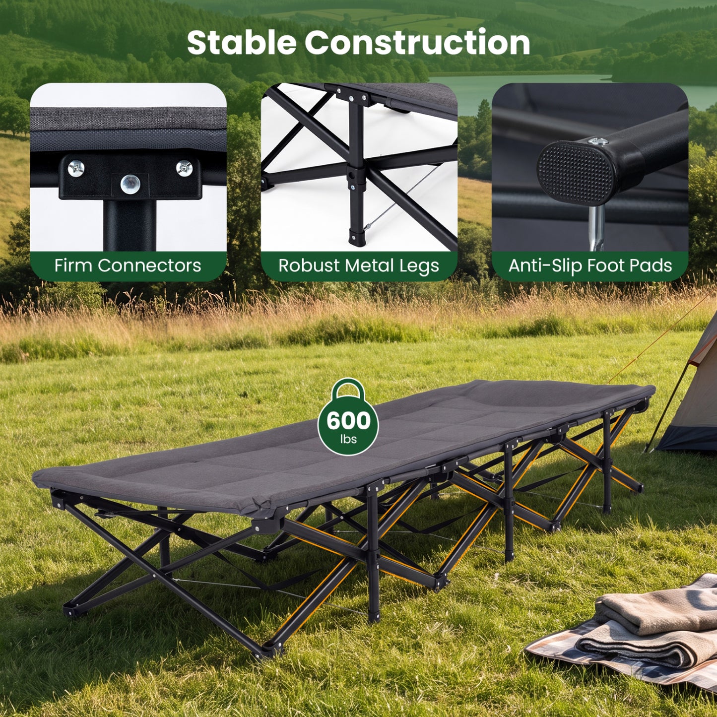 Camping Cot With Padded Pillow, Storage Pouch, Gray