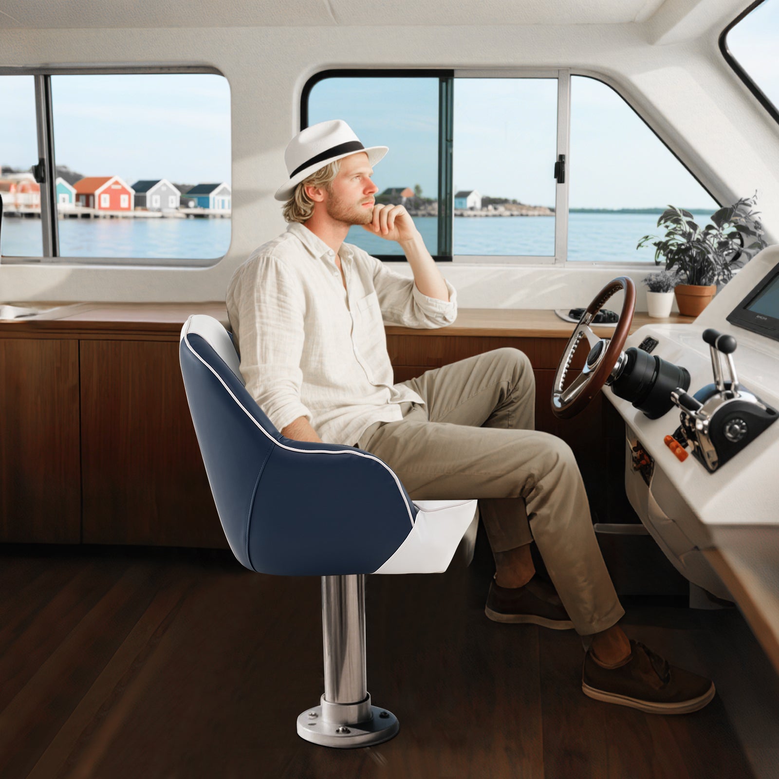 Captain Bucket Seat Pontoon Boat Chair with PVC Leather and Armrests, Blue Water Sports at Gallery Canada