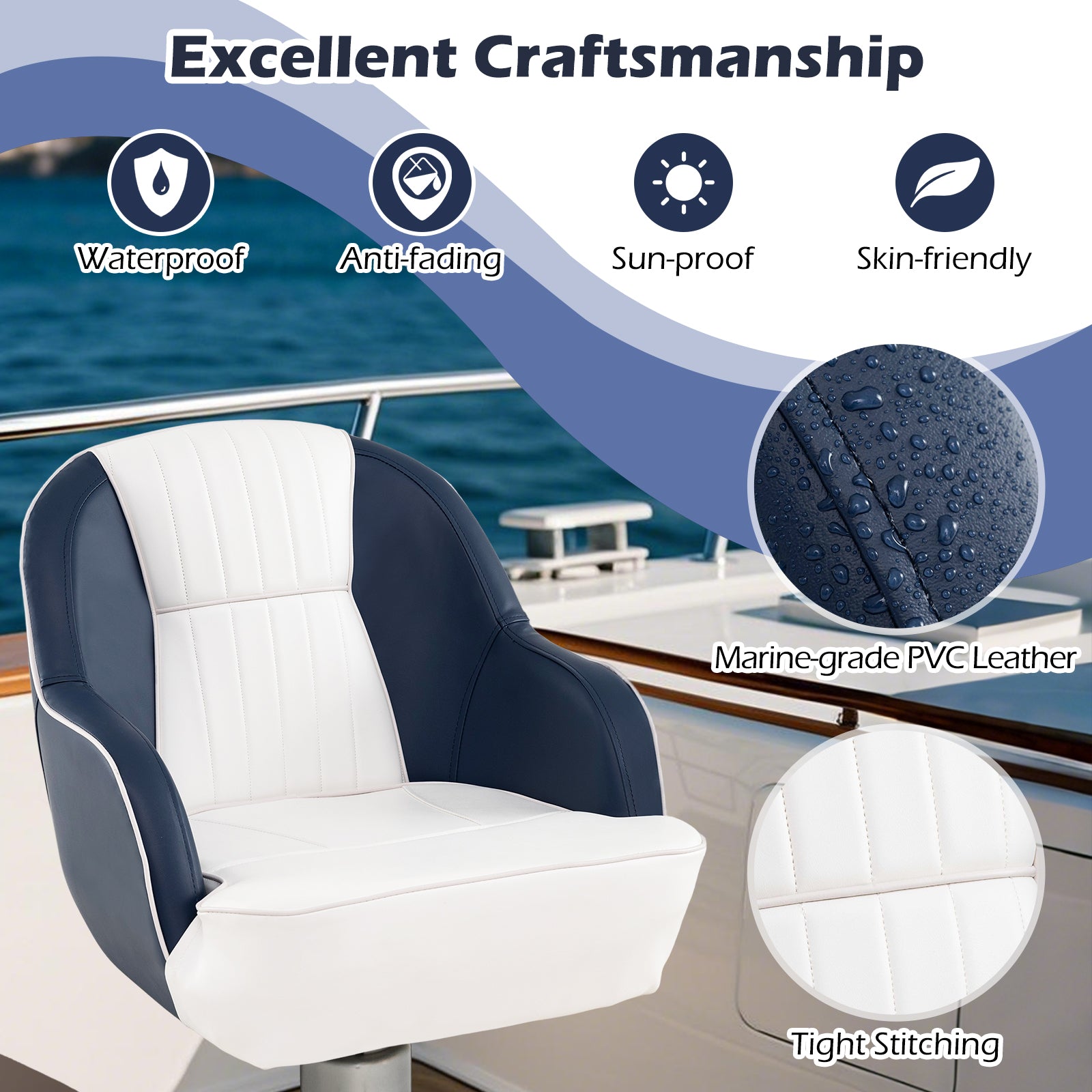 Captain Bucket Seat Pontoon Boat Chair with PVC Leather and Armrests, Blue Water Sports at Gallery Canada