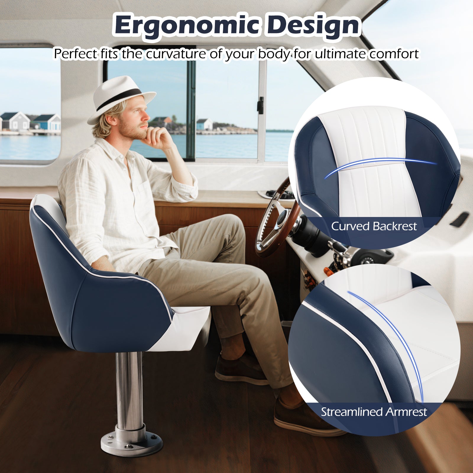 Captain Bucket Seat Pontoon Boat Chair with PVC Leather and Armrests, Blue Water Sports at Gallery Canada