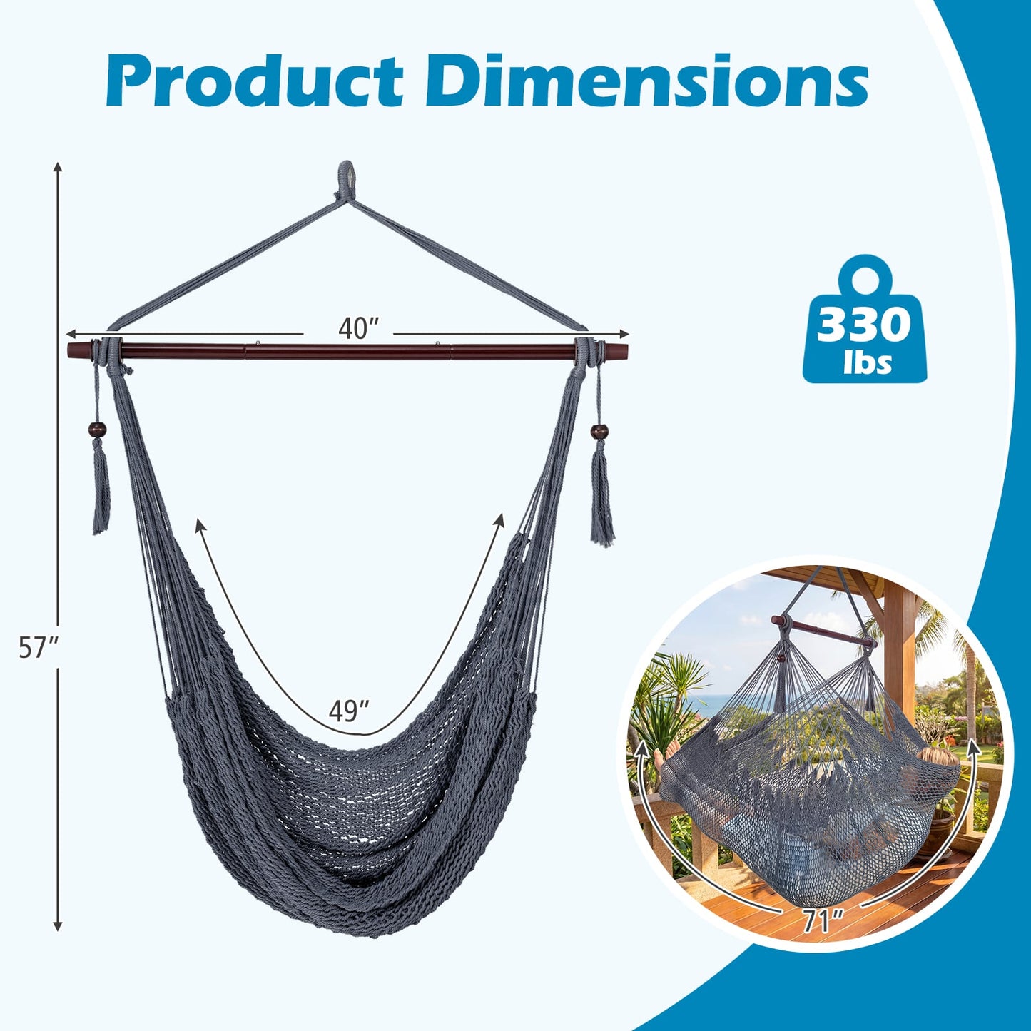 Large Hammock Chair, Metal Spreader Bar, Soft-Spun Rope Woven Swing, Gray Hammocks at Gallery Canada