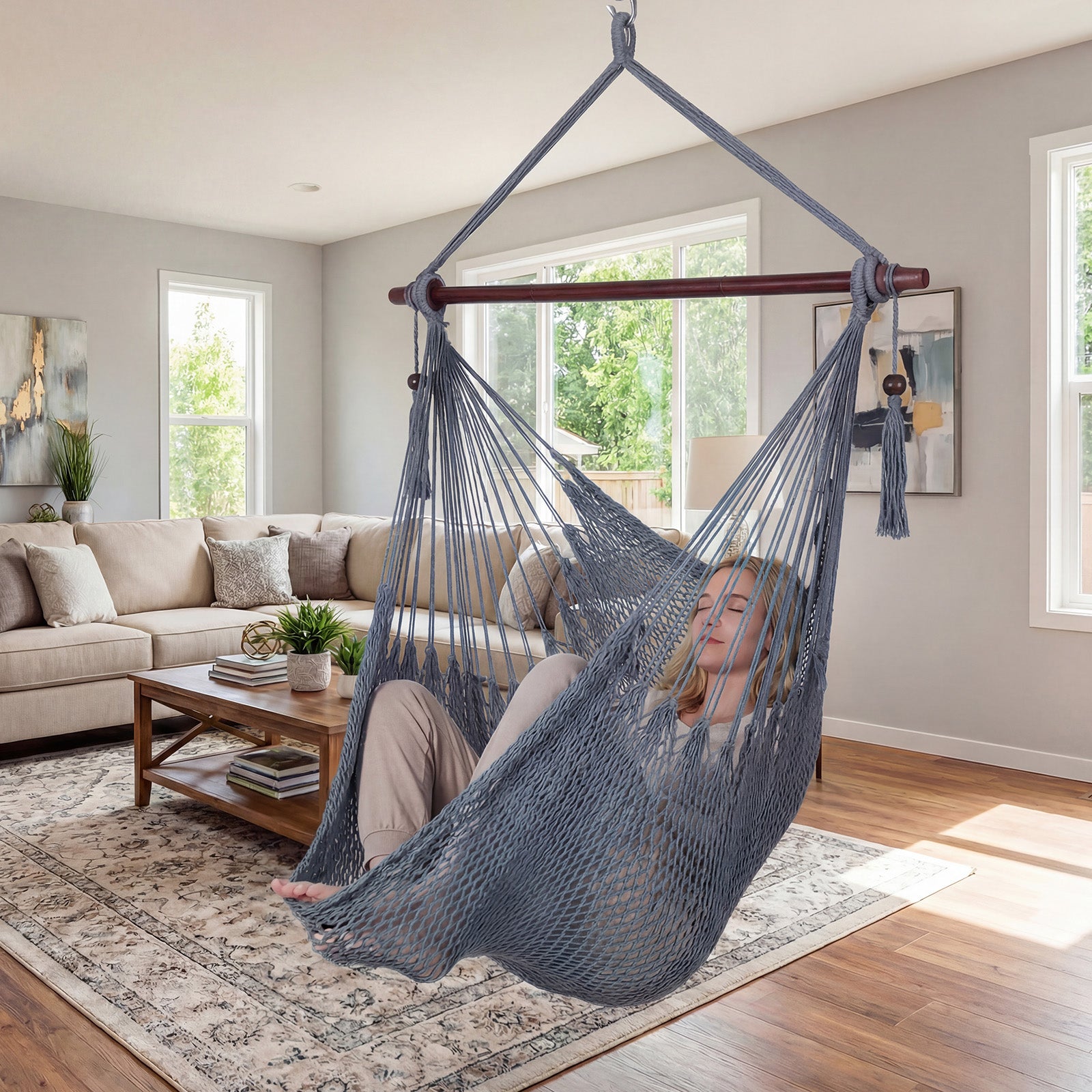 Large Hammock Chair, Metal Spreader Bar, Soft-Spun Rope Woven Swing, Gray Hammocks at Gallery Canada