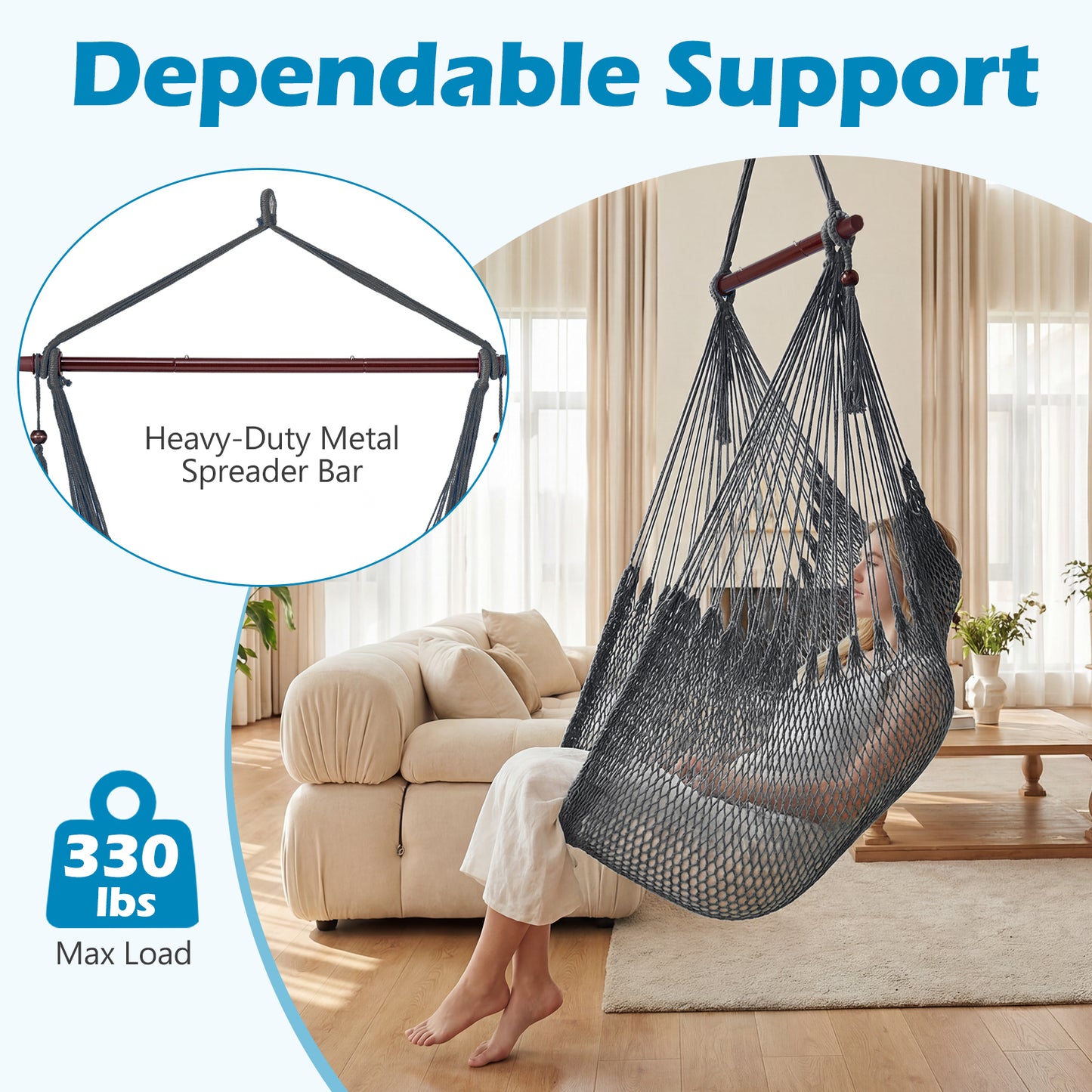 Large Hammock Chair, Metal Spreader Bar, Soft-Spun Rope Woven Swing, Gray Hammocks at Gallery Canada