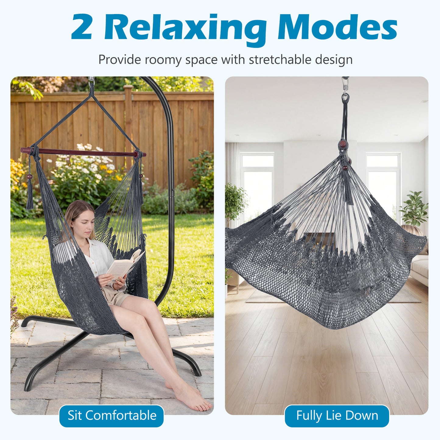 Large Hammock Chair, Metal Spreader Bar, Soft-Spun Rope Woven Swing, Gray Hammocks at Gallery Canada