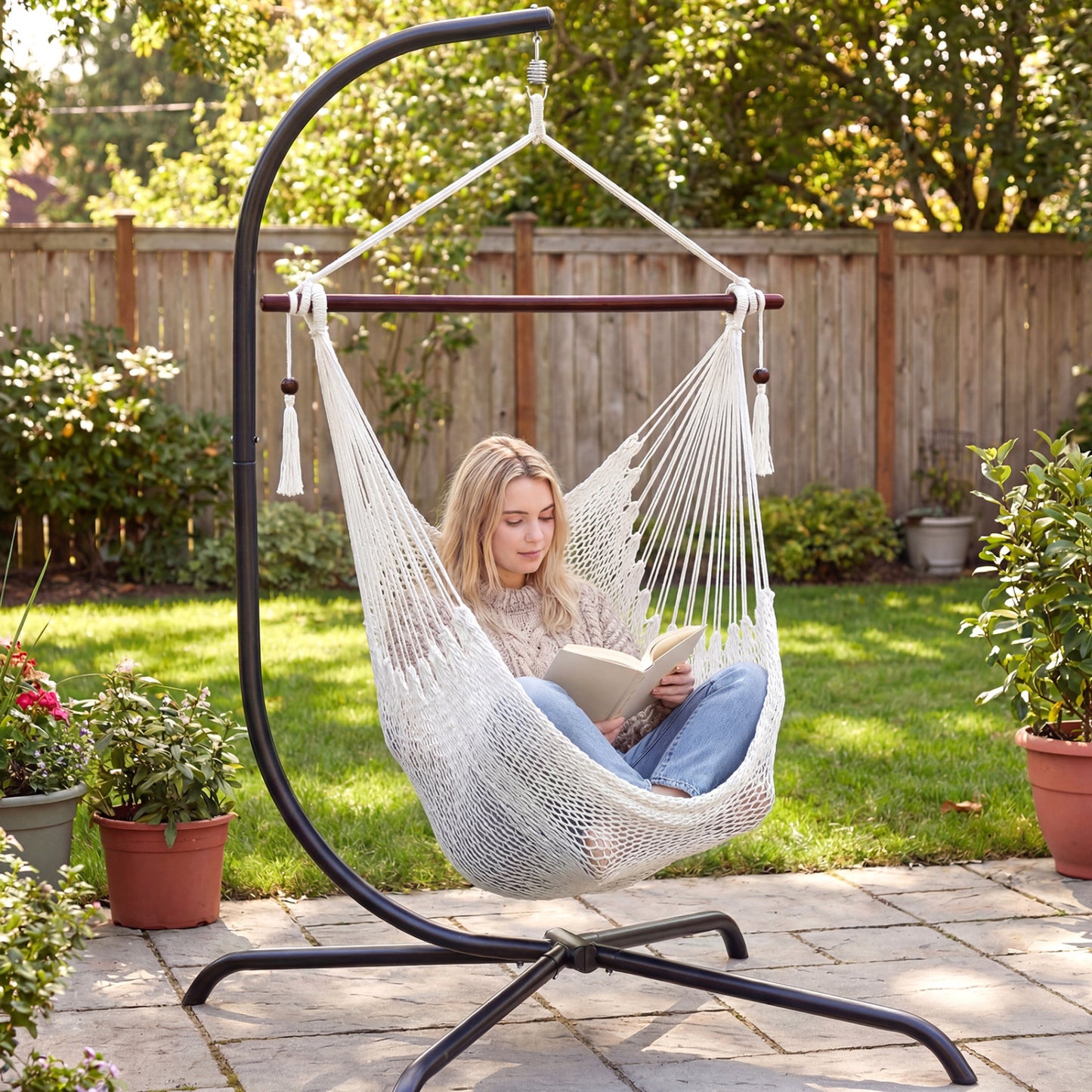 Caribbean Hammock Chair with Metal Spreader Bar Woven Rope Swing, Beige Hammocks at Gallery Canada