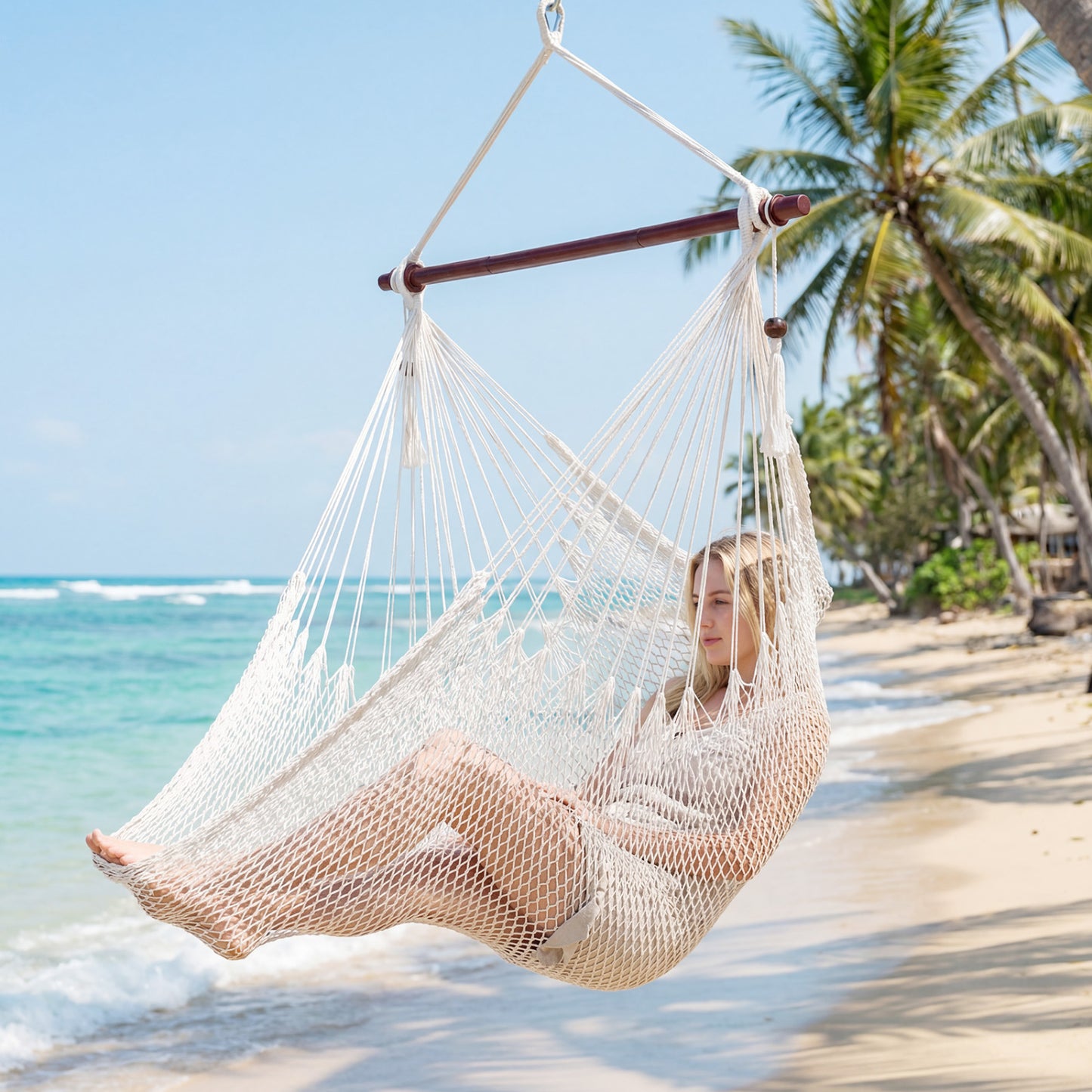 Caribbean Hammock Chair with Metal Spreader Bar Woven Rope Swing, Beige Hammocks at Gallery Canada