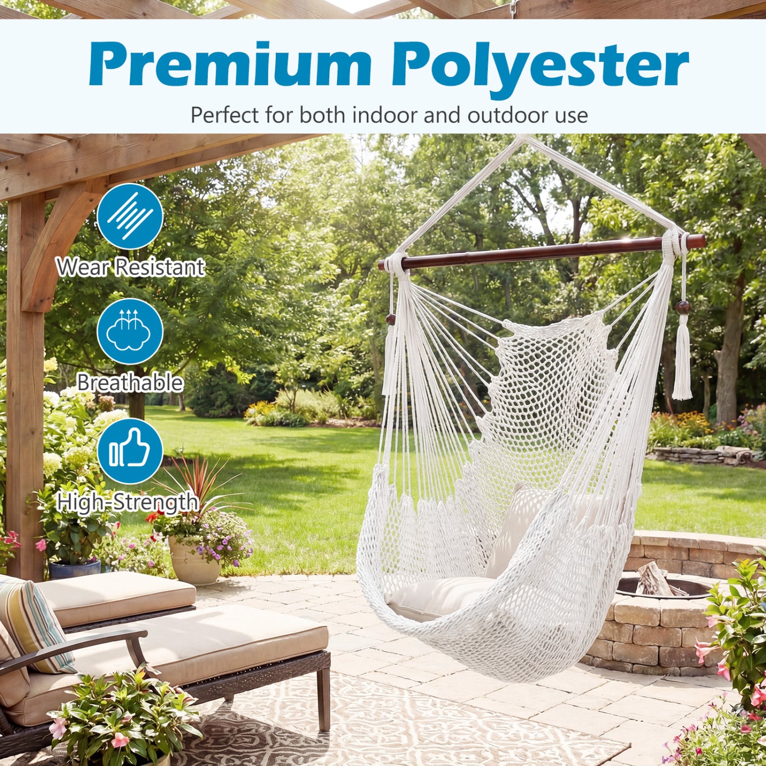 Caribbean Hammock Chair with Metal Spreader Bar Woven Rope Swing, Beige Hammocks at Gallery Canada