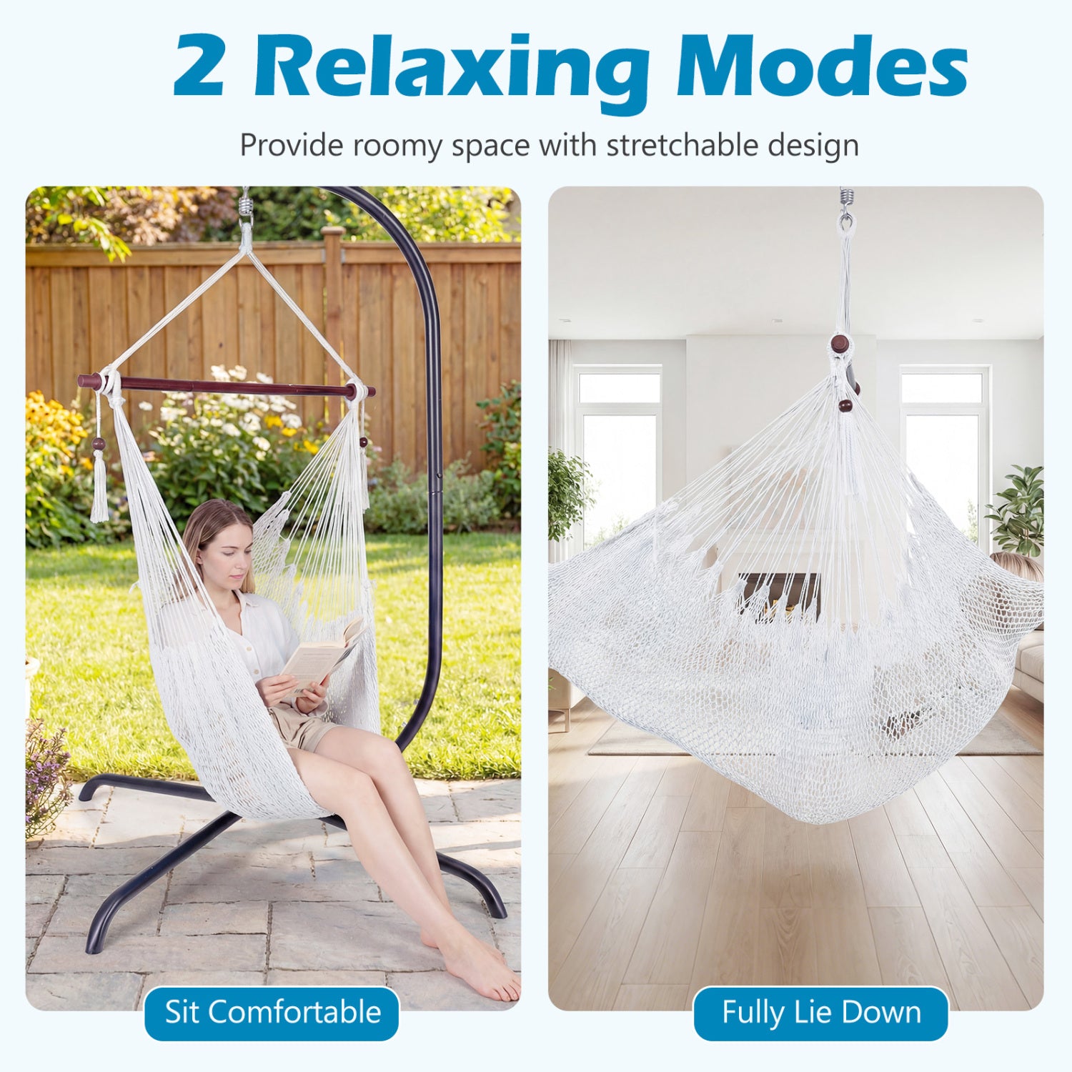 Caribbean Hammock Chair with Metal Spreader Bar Woven Rope Swing, Beige Hammocks at Gallery Canada