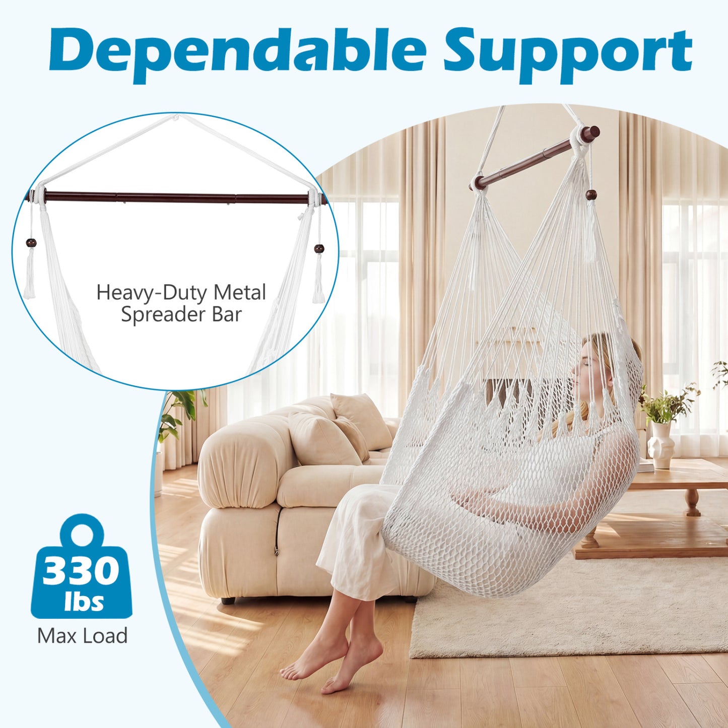 Caribbean Hammock Chair with Metal Spreader Bar Woven Rope Swing, Beige Hammocks at Gallery Canada