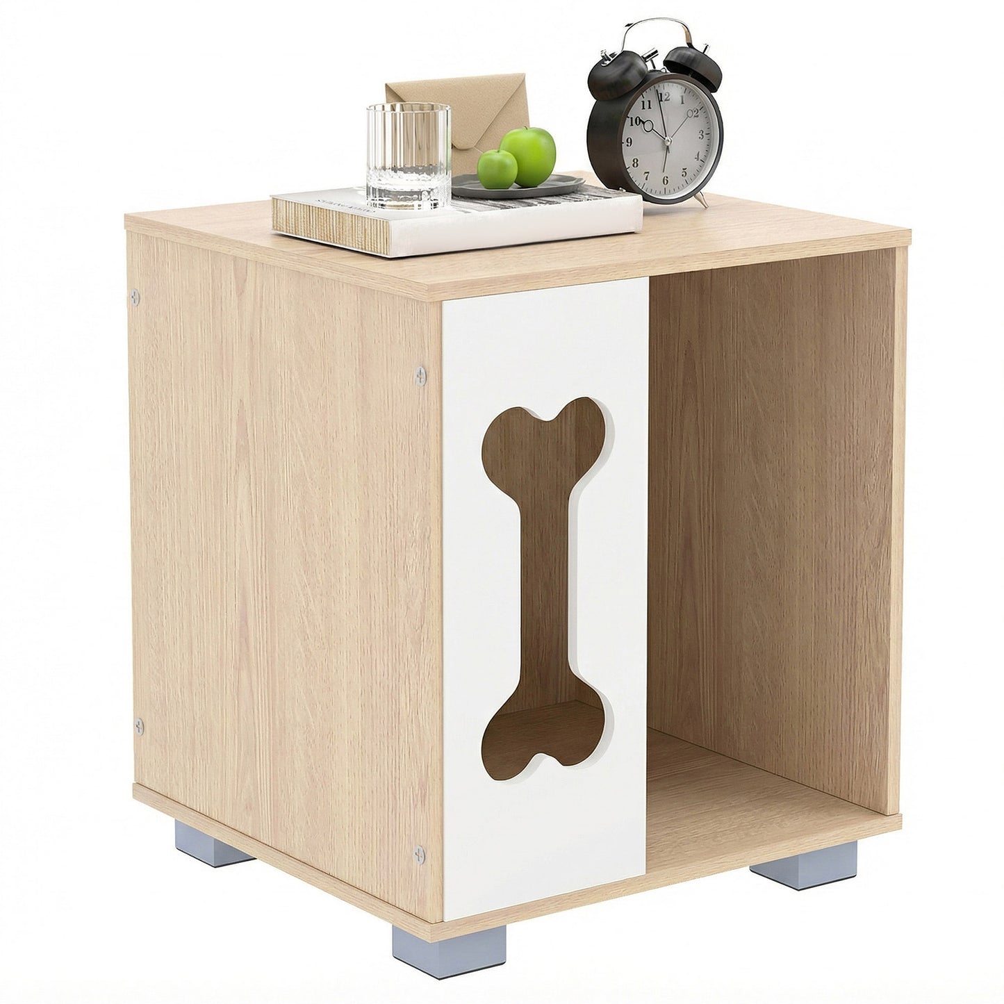 Cat Bed Side Table Wooden Cat Condo with Bone-shape Window and Thick Metal Legs, Natural Dog Kennels Natural at Gallery Canada