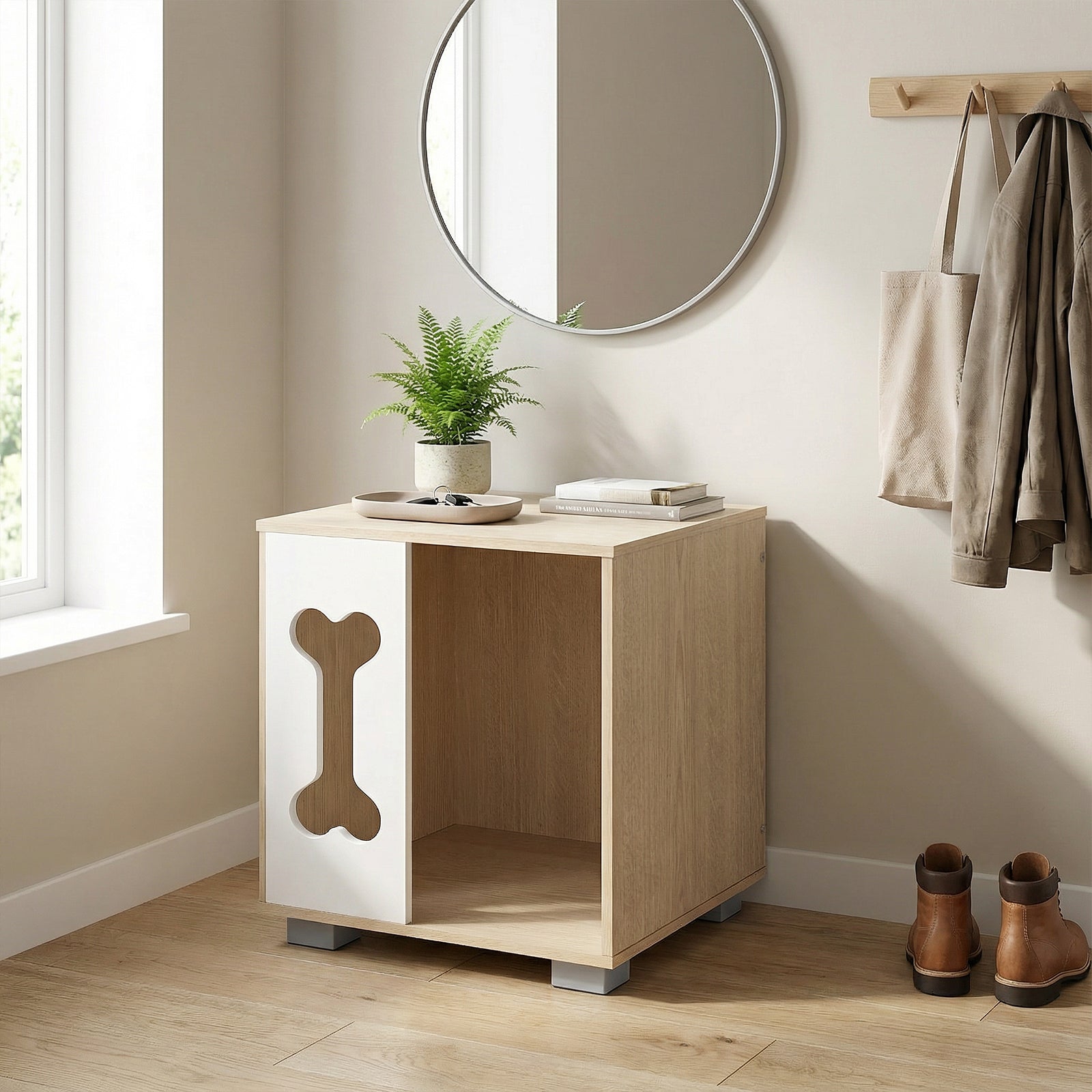 Cat Bed Side Table Wooden Cat Condo with Bone-shape Window and Thick Metal Legs, Natural Dog Kennels at Gallery Canada