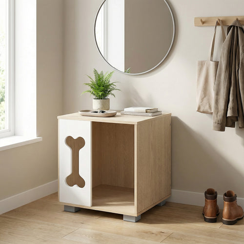 Cat Bed Side Table Wooden Cat Condo with Bone-shape Window and Thick Metal Legs, Natural