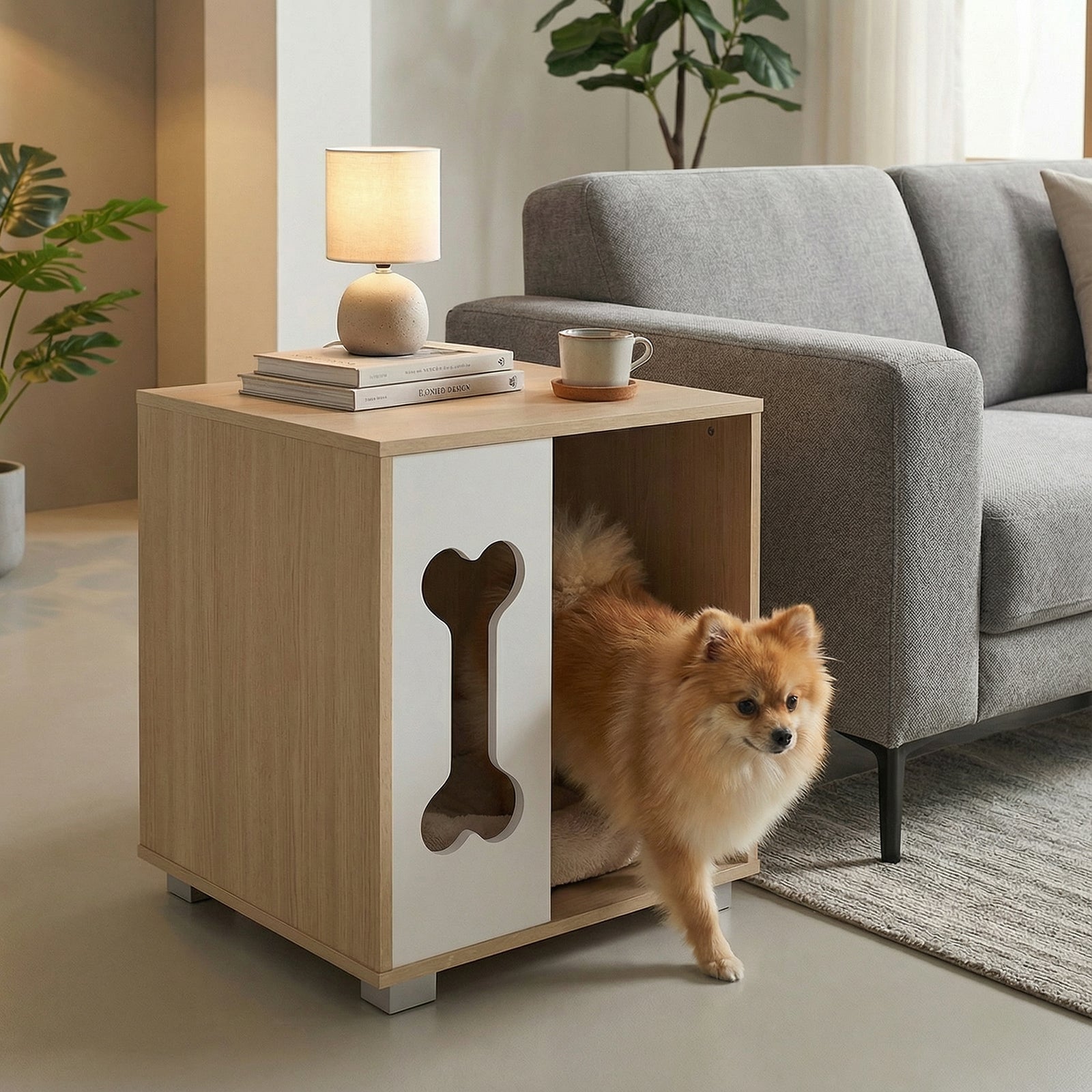 Cat Bed Side Table Wooden Cat Condo with Bone-shape Window and Thick Metal Legs, Natural Dog Kennels at Gallery Canada