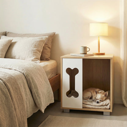 Cat Bed Side Table Wooden Cat Condo with Bone-shape Window and Thick Metal Legs, Natural Dog Kennels at Gallery Canada