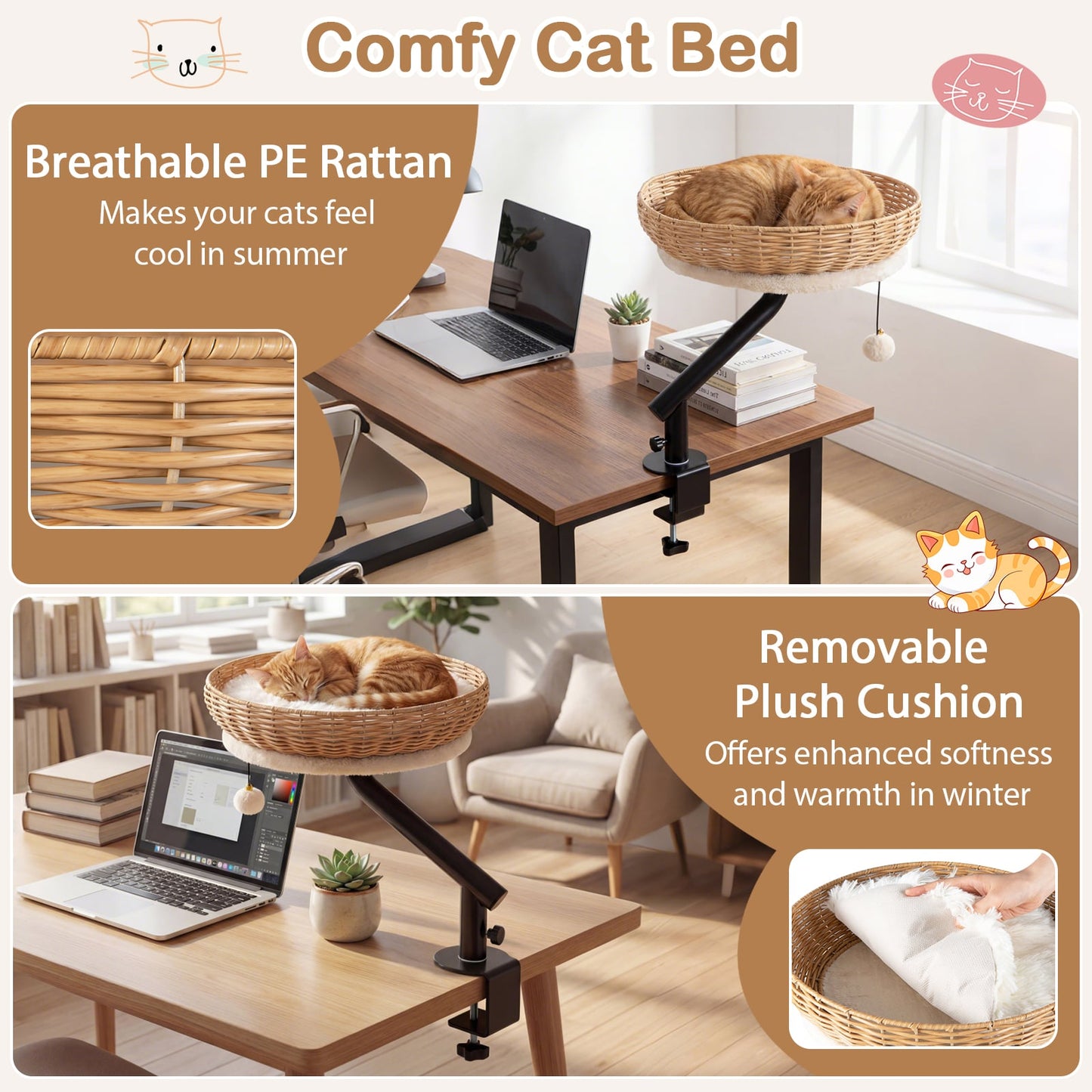 Cat Desk Bed With Removable Padded Cushion, Natural Cat Houses at Gallery Canada