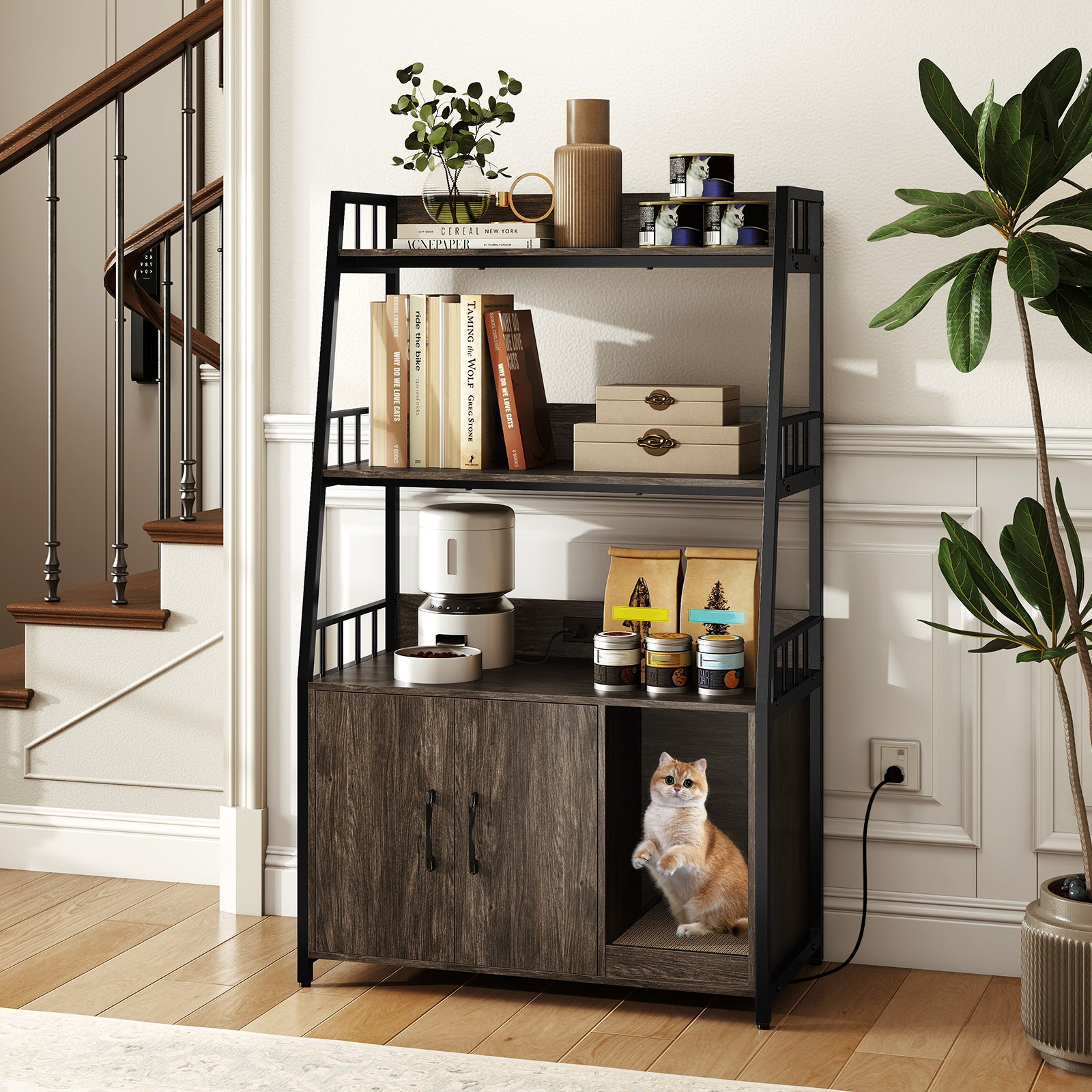 Cat Litter Box Enclosure with Storage Shelves and Scratching Pad, Gray Cat Houses at Gallery Canada