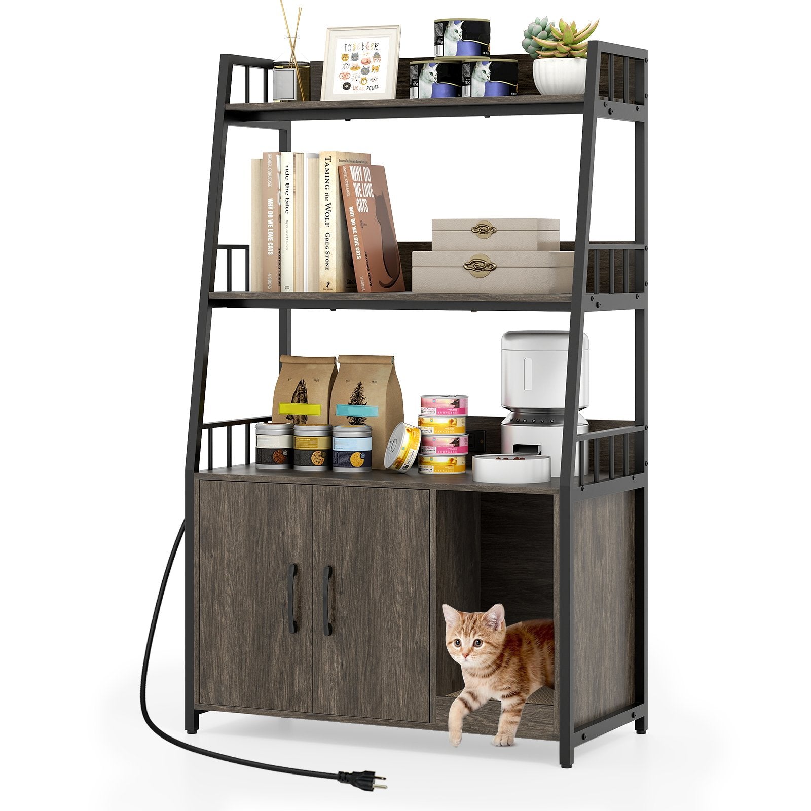 Cat Litter Box Enclosure with Storage Shelves and Scratching Pad, Gray Cat Houses Gray at Gallery Canada