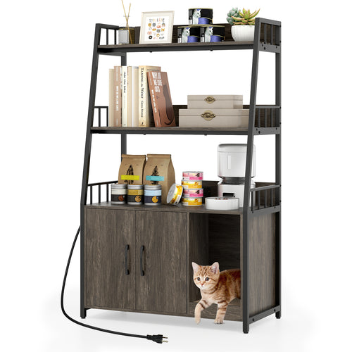 Cat Litter Box Enclosure, Storage Shelves, Scratching Pad, Gray
