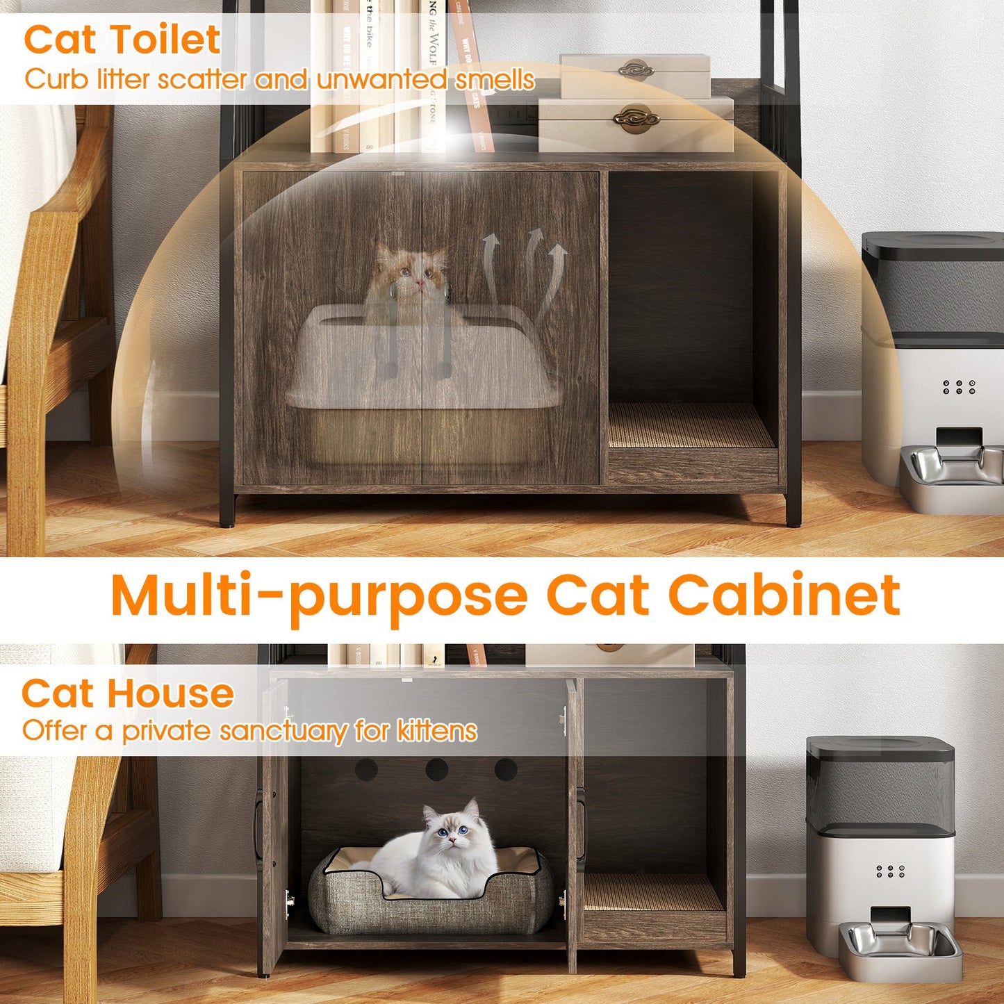Cat Litter Box Enclosure with Storage Shelves and Scratching Pad, Gray Cat Houses at Gallery Canada