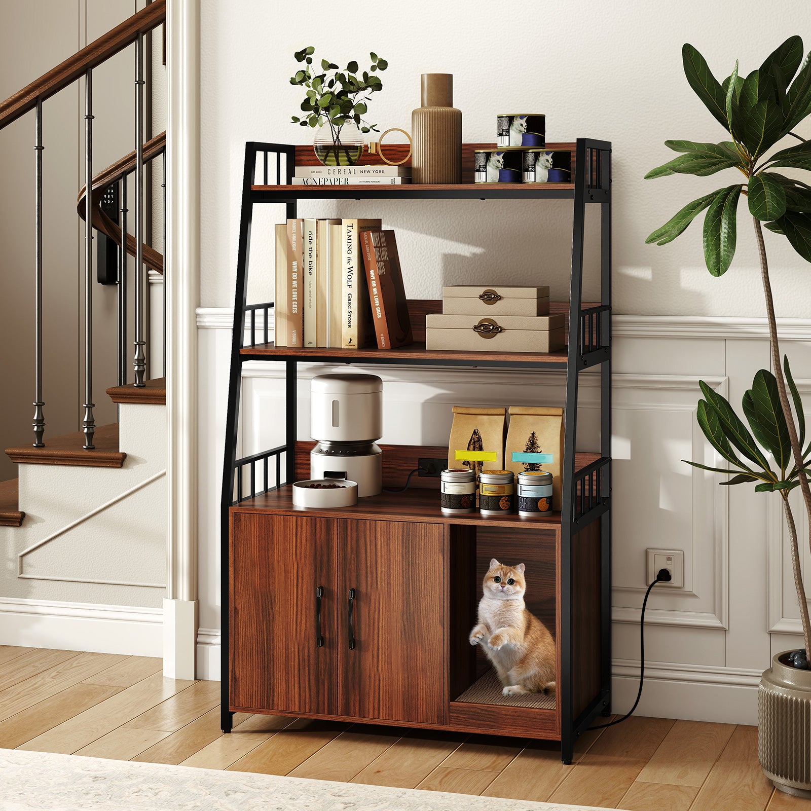 Cat Litter Box Enclosure with Storage Shelves and Scratching Pad, Walnut Cat Houses at Gallery Canada