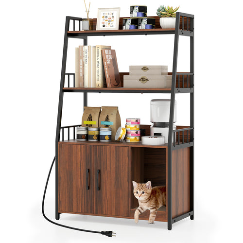 Cat Litter Box Enclosure, Walnut, With Storage Shelves And Scratching Pad