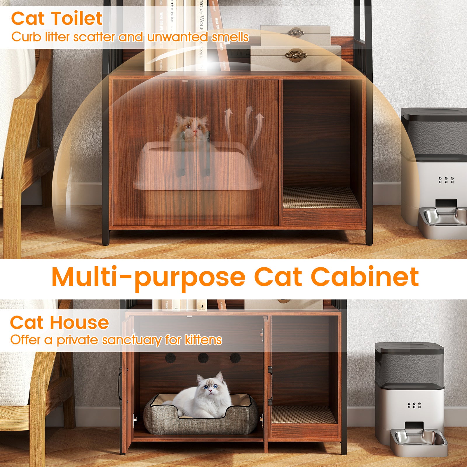 Cat Litter Box Enclosure with Storage Shelves and Scratching Pad, Walnut Cat Houses at Gallery Canada