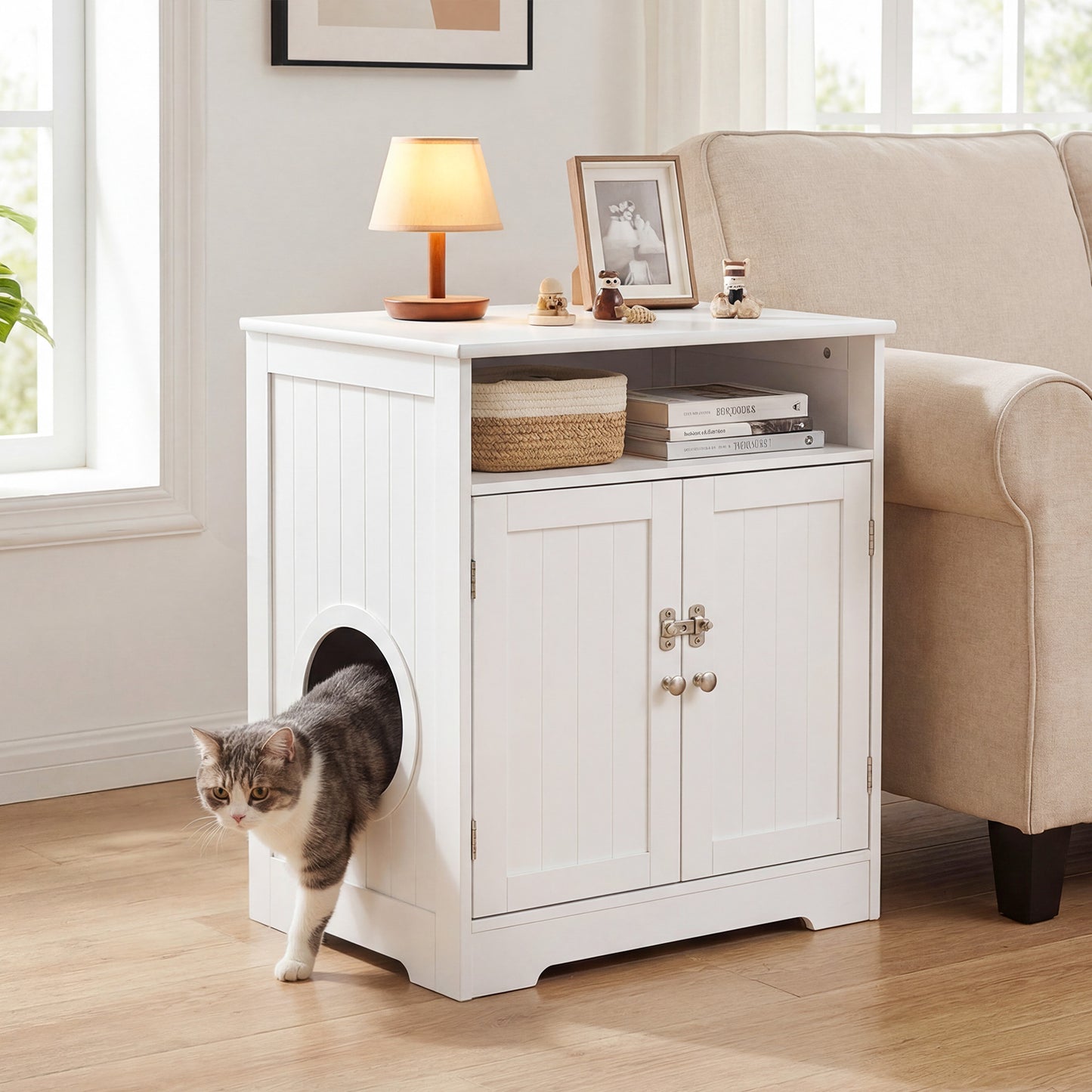 Wooden Cat Litter Box Enclosure, Hidden Pet Washroom Furniture, White Cat Houses at Gallery Canada