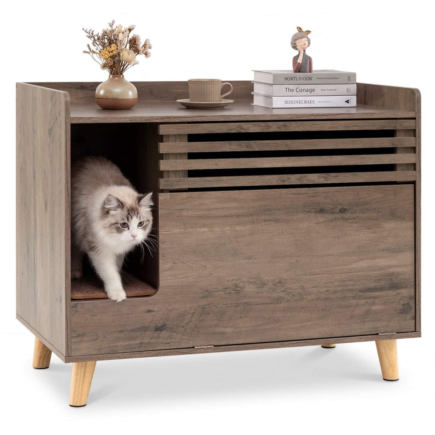 Cat Litter Box Enclosure, Flip-Down Door, Scratching Mat, Brown Cat Houses at Gallery Canada