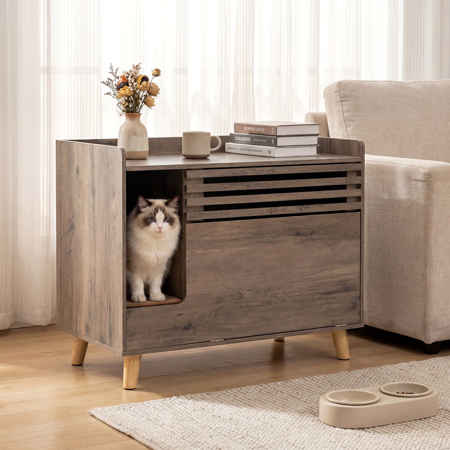 Cat Litter Box Enclosure, Flip-Down Door, Scratching Mat, Brown Cat Houses at Gallery Canada