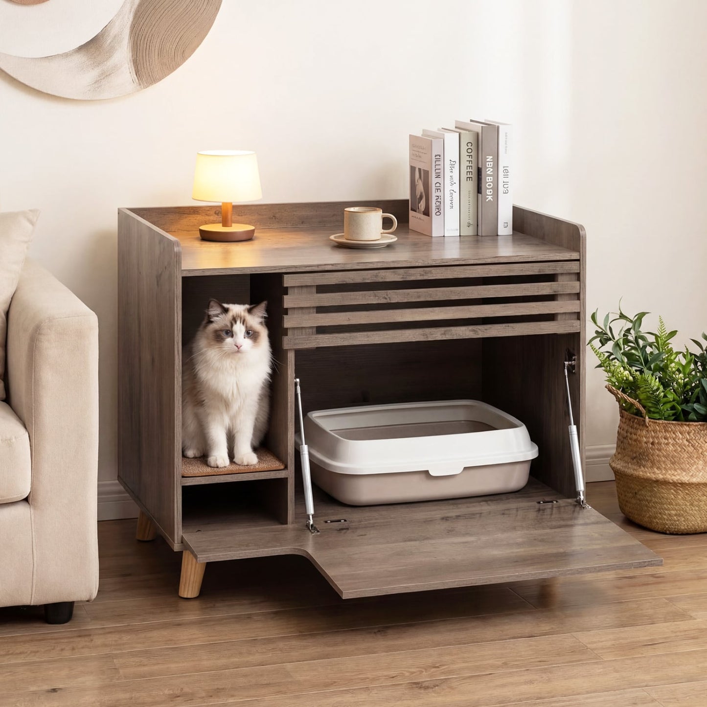 Cat Litter Box Enclosure, Flip-Down Door, Scratching Mat, Brown Cat Houses at Gallery Canada
