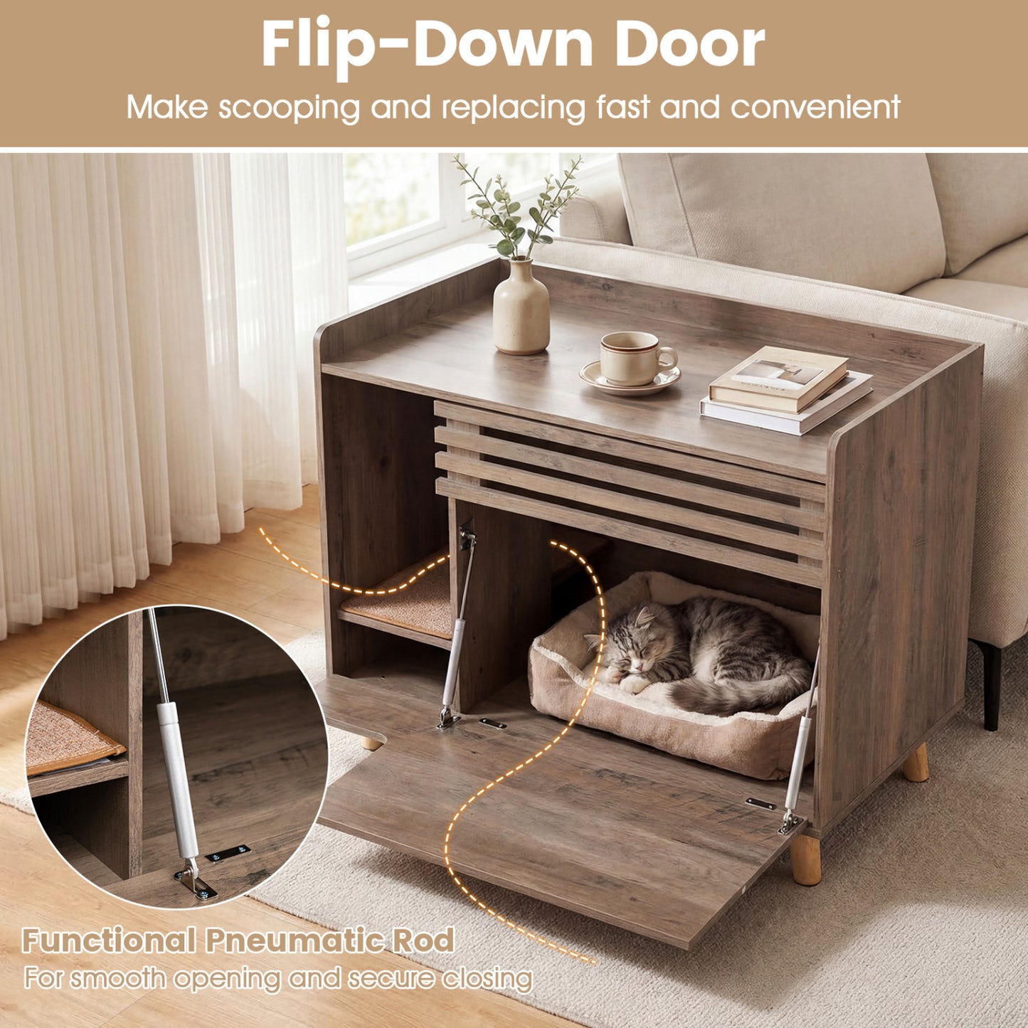 Cat Litter Box Enclosure, Flip-Down Door, Scratching Mat, Brown Cat Houses at Gallery Canada