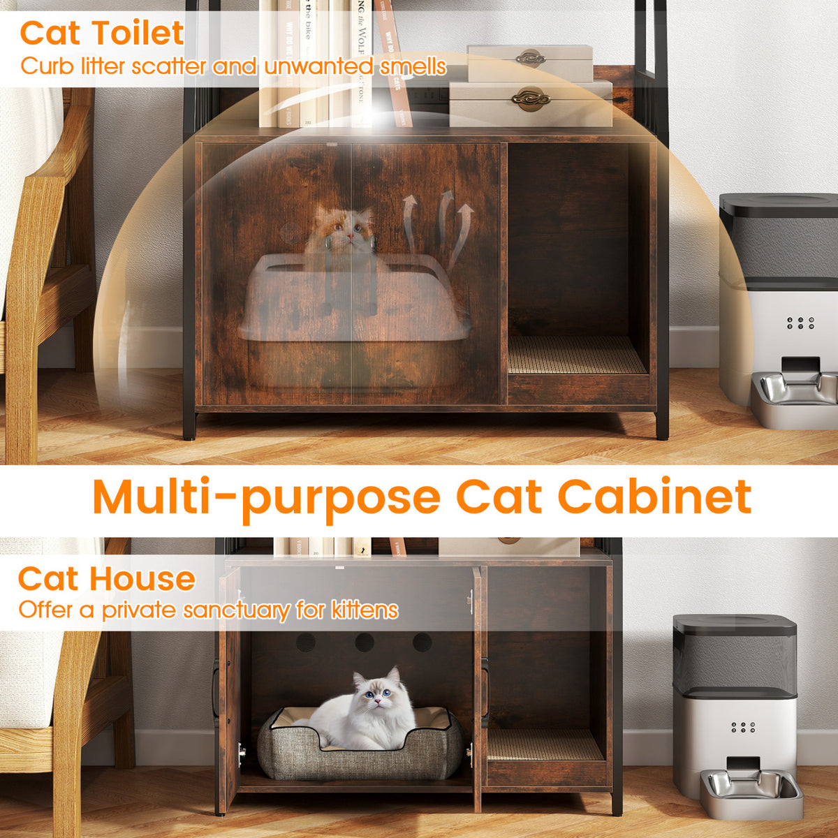 Cat Litter Box Enclosure, Storage Shelves, Scratching Pad, Brown Cat Houses at Gallery Canada